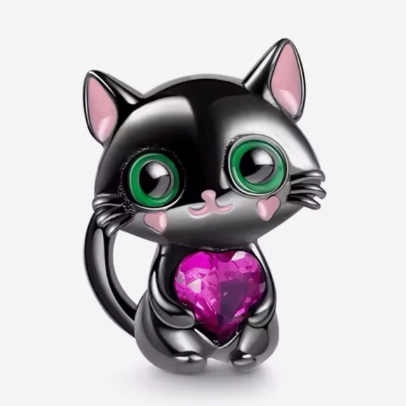 Charm for Pandora Bracelet Black Cat Holding a Rhinestone Heart Sterling Silver - Picture 12 of 13